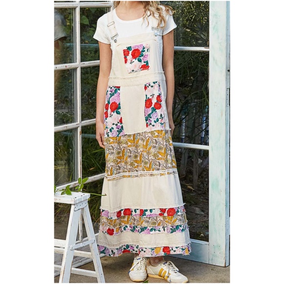 POL Floral Print Frayed Denim Jeans Overalls Dress - Picture 2 of 6